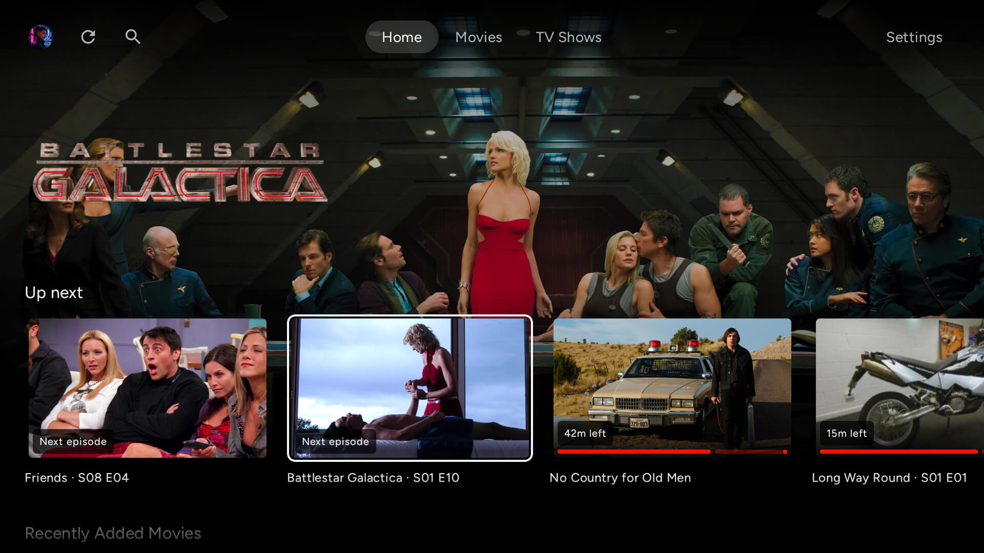 The Cinaura home screen with a featured show and an Up next row of titles to resume