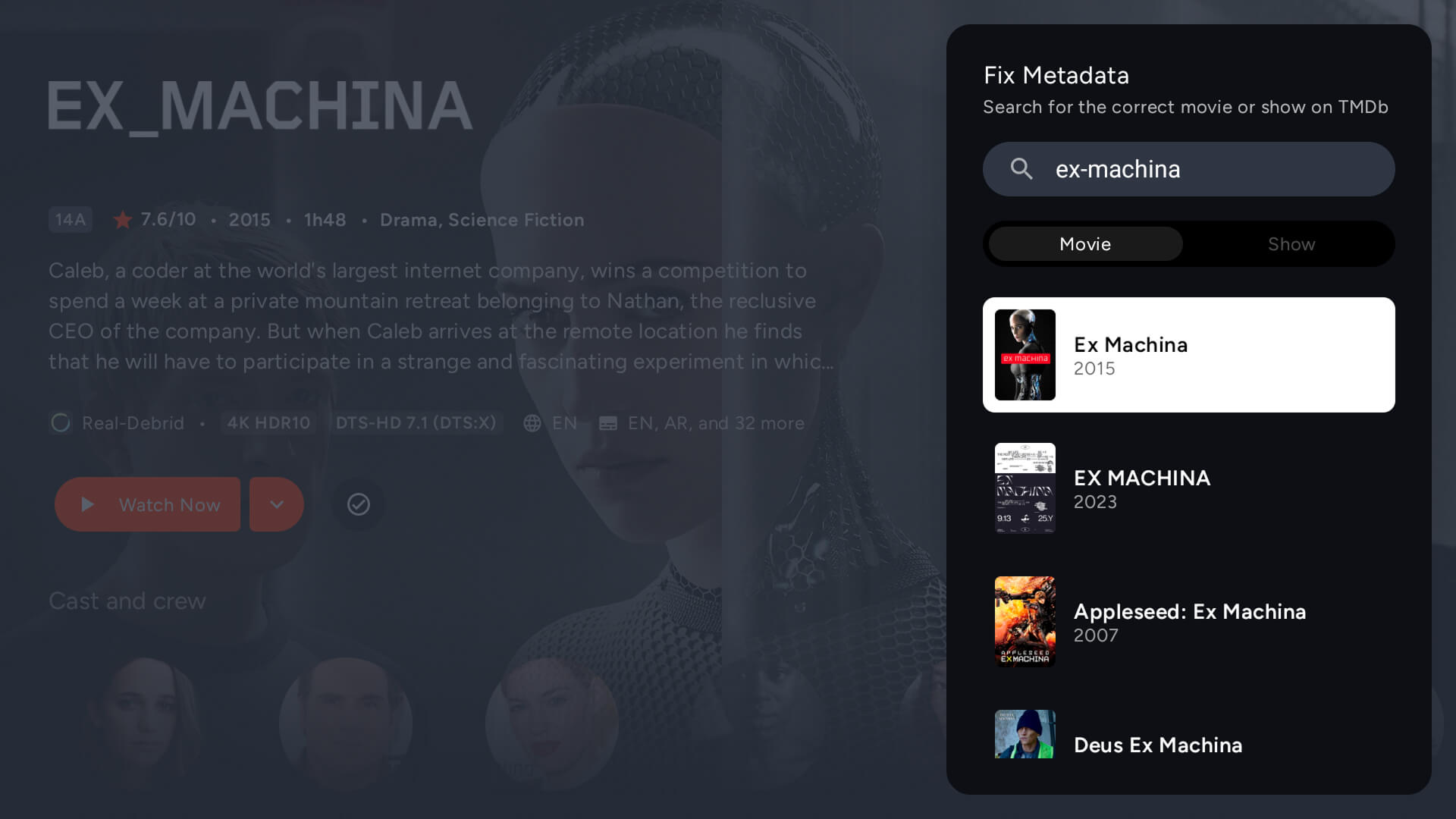 The fix-metadata and override panel on a title in Cinaura