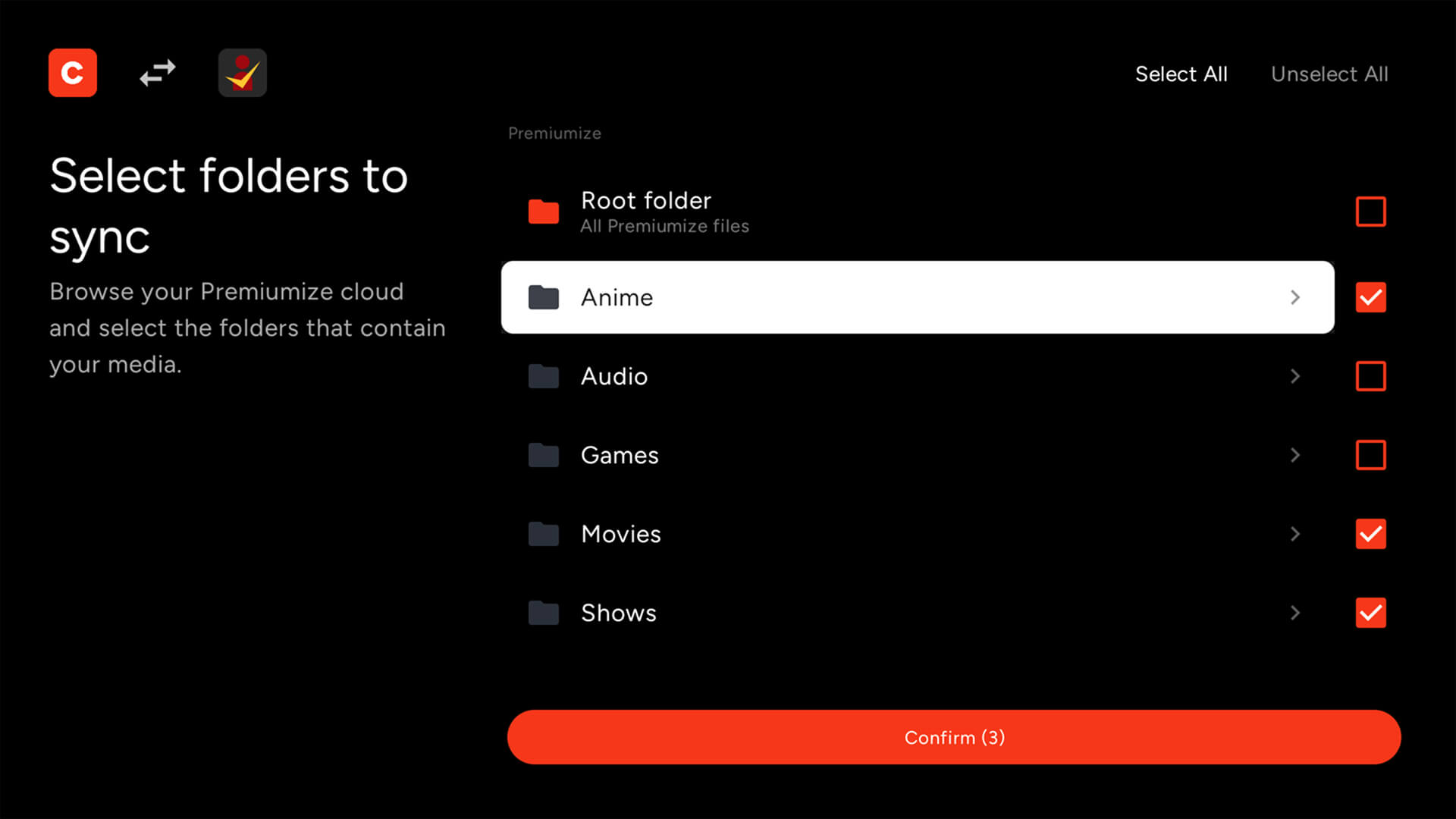 Choosing which folders to sync in Cinaura