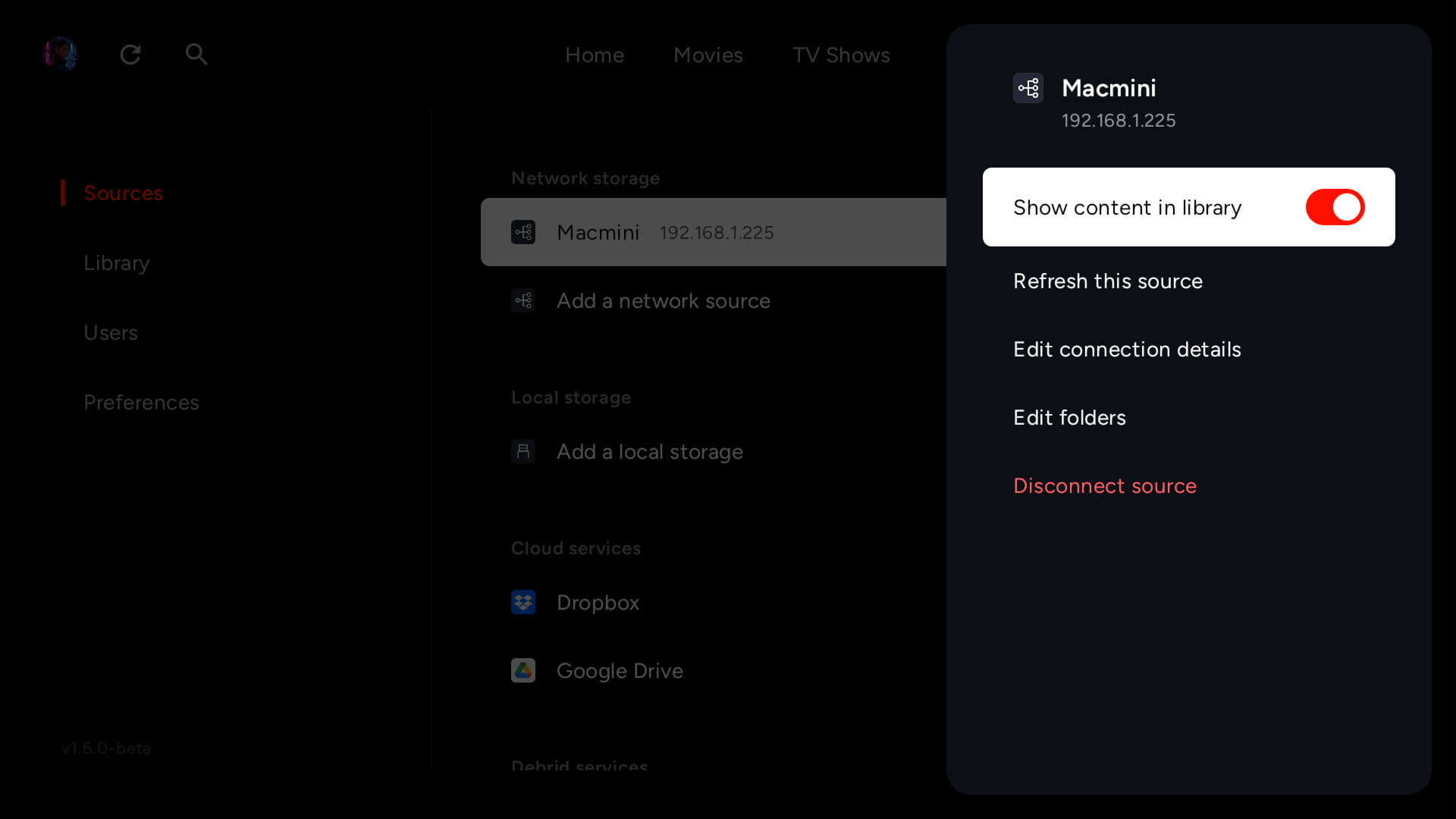 Cinaura running on an Android TV, connecting directly to your own sources