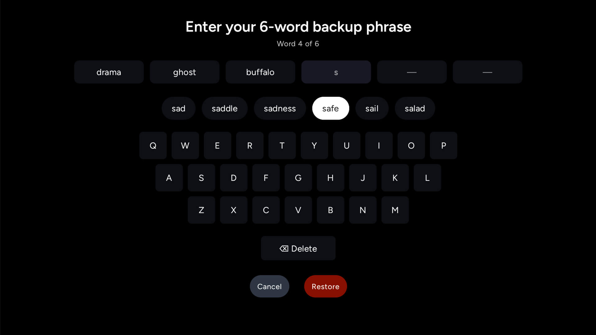 The Backup and transfer screen showing the six-word recovery phrase in Cinaura