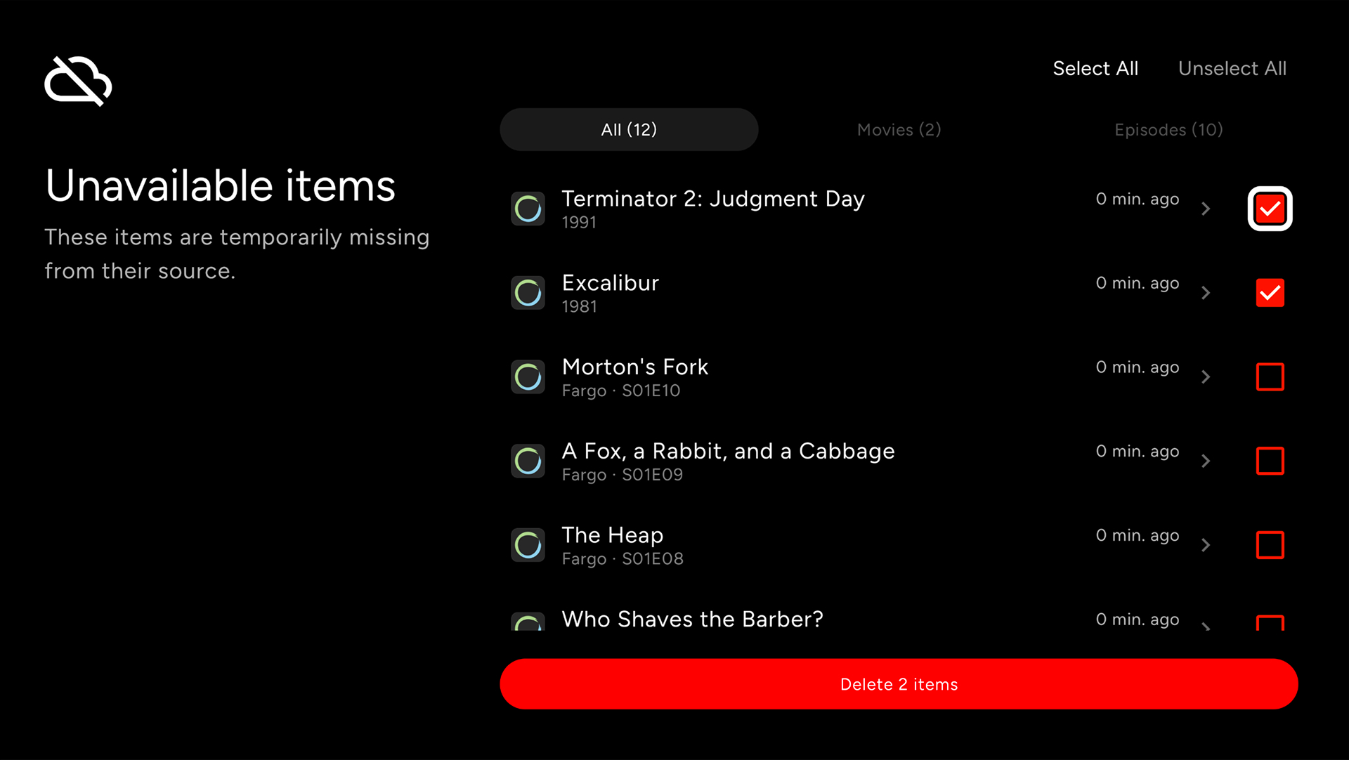 The Unavailable items and Items with no metadata screens in Cinaura settings