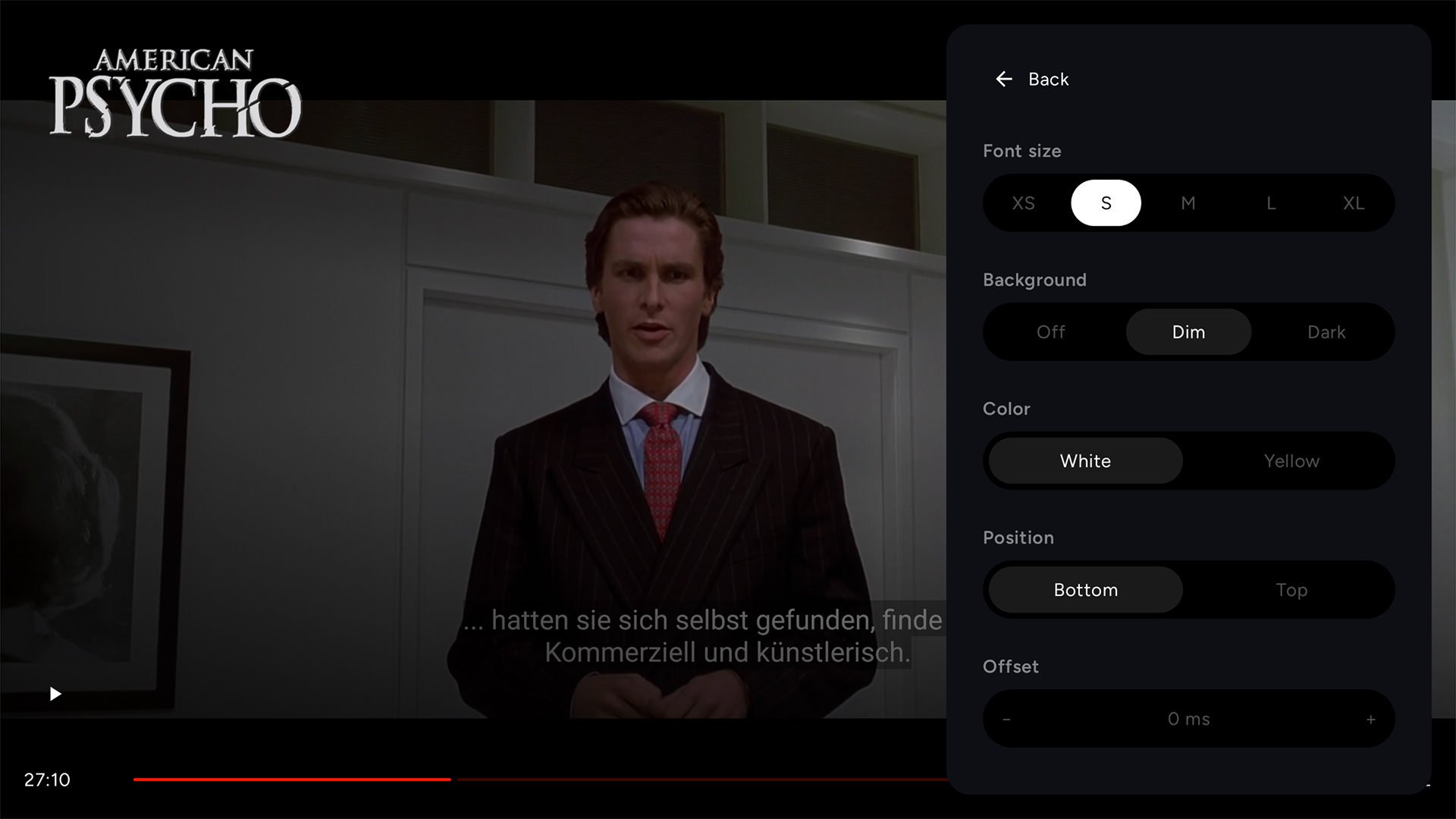 The subtitle styling panel with a live preview of size, colour, outline, and position