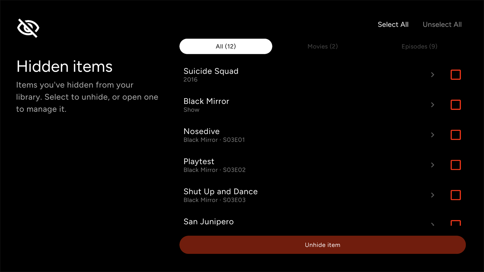 The library management screen with multi-select hide in Cinaura
